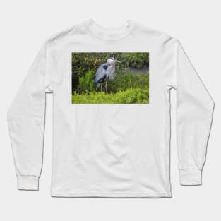 The Great Blue Heron In A Green Surround Long Sleeve T-Shirt